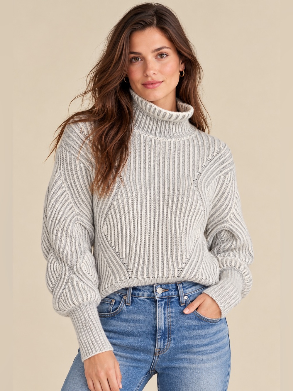 Veronica Beard Rebi Sweater Size S Ivory Grey Wool Cashmere Turtleneck
